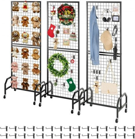 VEVOR Gitterwandpaneele Set aus 3 Stück in Schwarz, rollbarer Präsentationsständer aus Kohlenstoffstahl mit 30 Haken, B/H: 60 x 164 cm - Bild 1