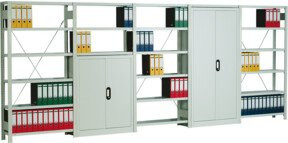 Regalwerk Regal- und Schrank-Kombination aus Stahl in Lichtgrau, B/T/H: 100,5 x 30 x 200 cm - Bild 1