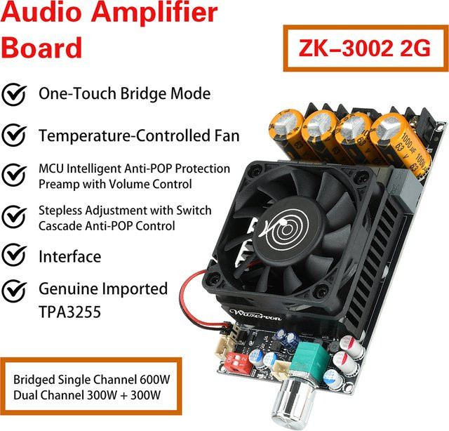 ZK-3002 2G Zweite Generation DC18-50V Pure Post Verstärker Board mit TPA3255 Chip, Dual Kanal 600W (300W + 300W) oder Mono, Schwarz - Bild 1