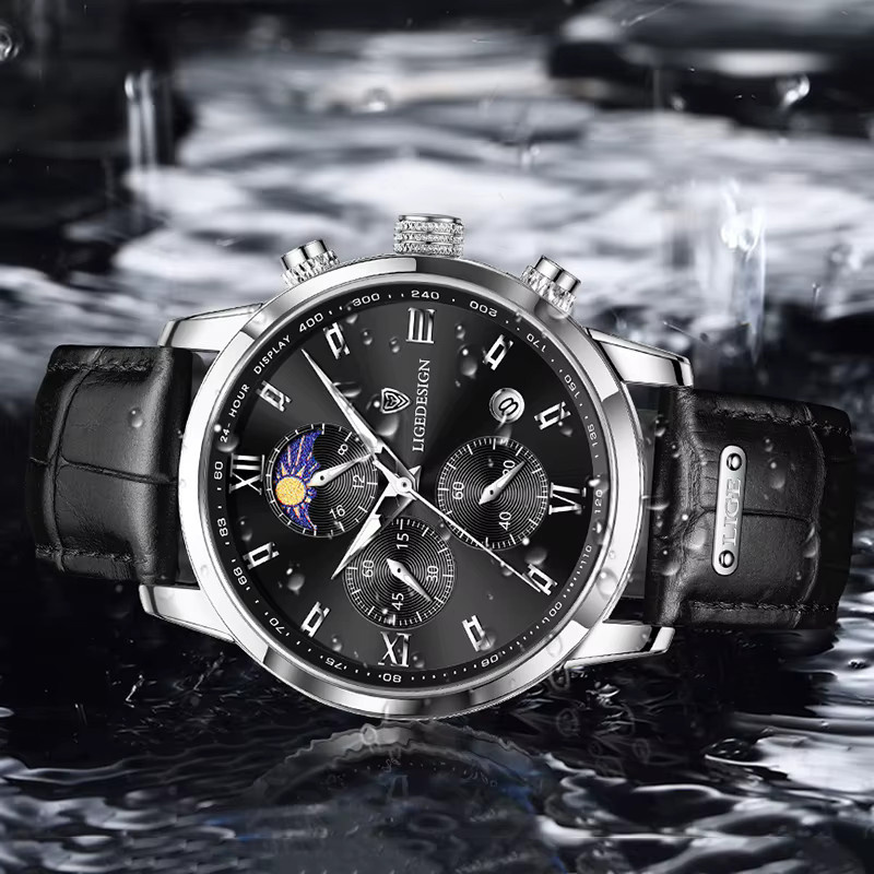 LIGE Armbanduhr Quarz, Leder, Schwarz, Herren - Bild 4