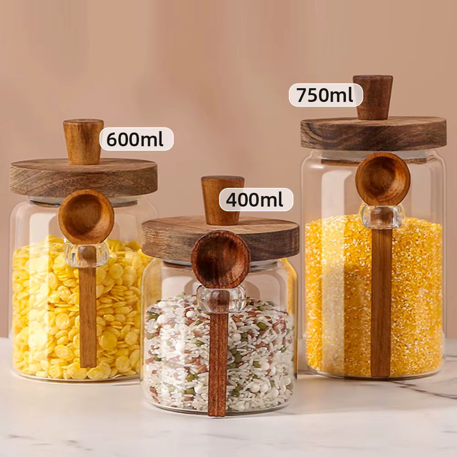 MYVIT Vorratsglas Set aus Glas mit Holzdeckel und Schaufel, 3-teilig, transparent, luftdicht und feuchtigkeitsbeständig - Bild 4