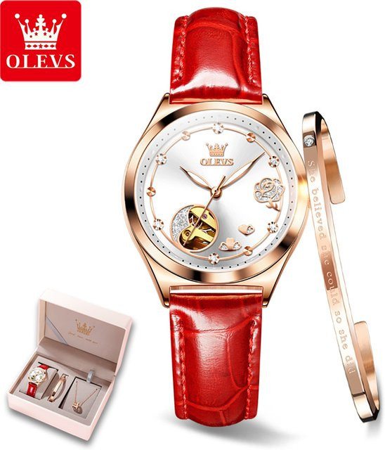 OLEVS Armbanduhr Automatik, Roségold, Diamant, Leder, Damen - Bild 1