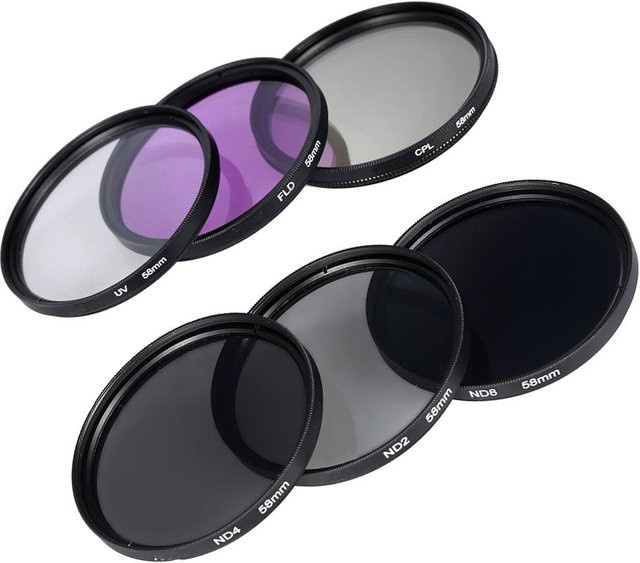 Objektivfilter-Set 58mm mit UV, CPL, FLD und ND2/ND4/ND8 Filtern inklusive Tragetasche, Objektivdeckel, Deckelhalter sowie Tulpen- und Gummi-Objektivschutz in Schwarz - Bild 1