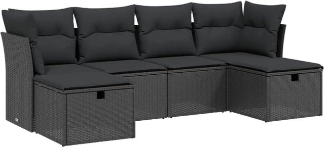 vidaXL 6-tlg Garten-Sofagarnitur in L-Form aus schwarzem PE-Rattan mit Sitzkissen und Stauraum - Bild 1
