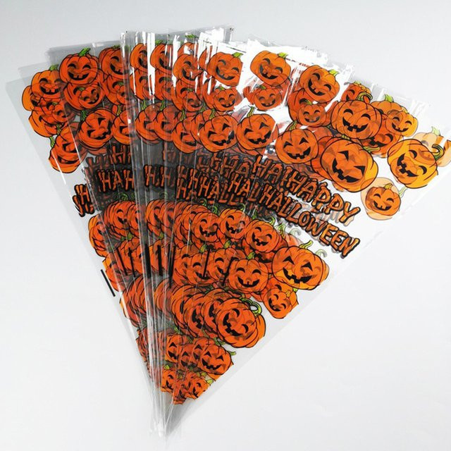 ZYF Halloween Süßigkeiten Taschen, 50 Stück transparente Kunststoff Beutel mit Kürbis-Print für Snack-Verpackungen und Party-Zubehör - Bild 1