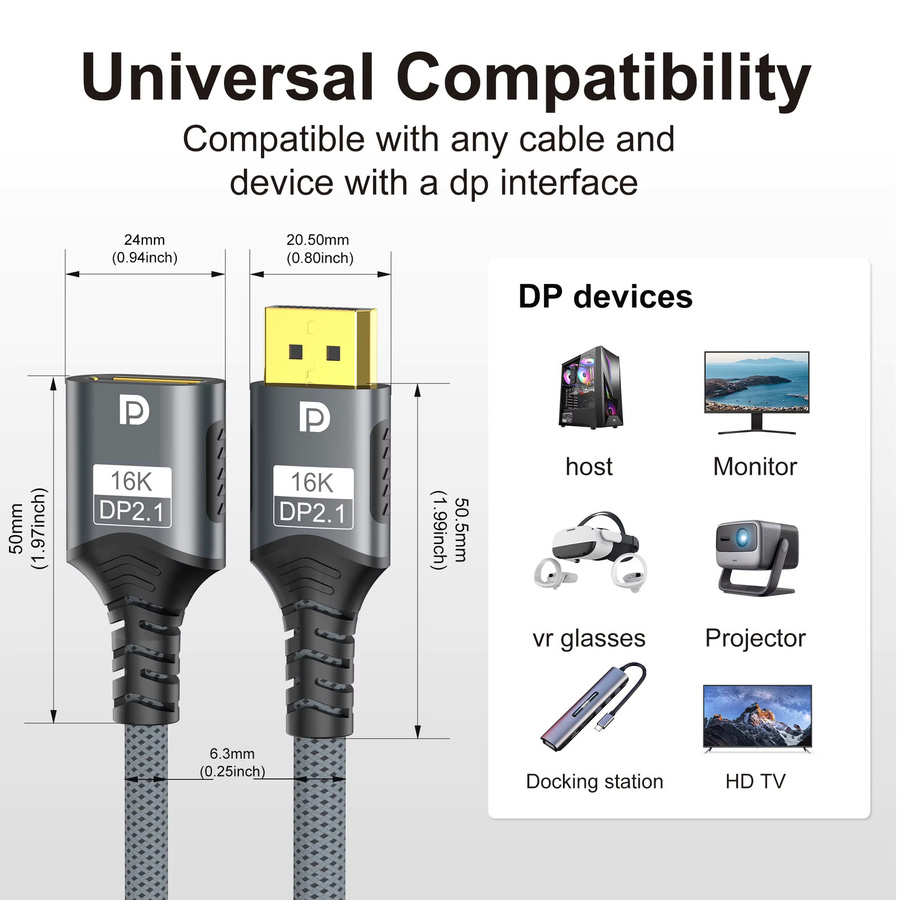 FDBRO DisplayPort 2.1 Verlängerungskabel Stecker auf Buchse für 16K, 8K und 4K zur Verbindung von PC, Laptop, Monitor und Projektor - Bild 3