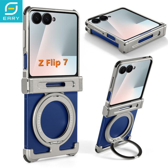 Stoßfeste Samsung Galaxy Z Flip 7 Handyhülle mit drehbarem Magnetring-Kickstand in Schwarz oder Blau - Bild 1