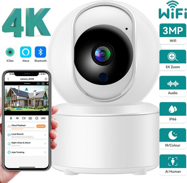 HAMROLTE Mini PTZ IP Kamera mit 3MP 2K Auflösung, WiFi, Auto Tracking, Zwei-Wege Audio und Bewegungserkennung in Weiß - Bild 1