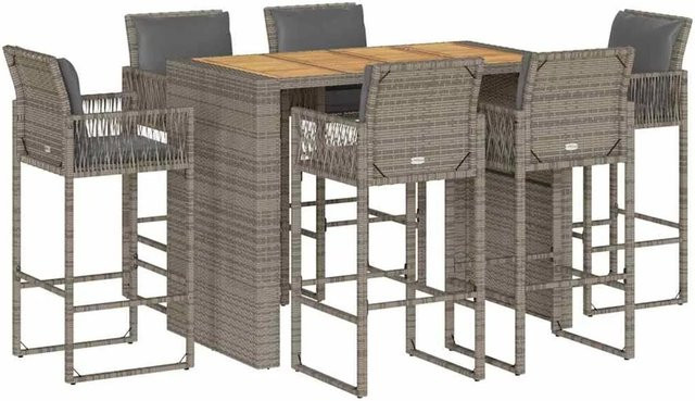 vidaXL 7-teiliges Gartenbar-Set aus Poly-Rattan und Akazienholz in Grau mit Kissen - Bild 1