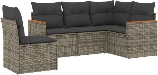 vidaXL 5-tlg Garten-Sofagarnitur L-Form aus Polyrattan und Akazienholz in Grau mit Kissen und Stauraum - Bild 1