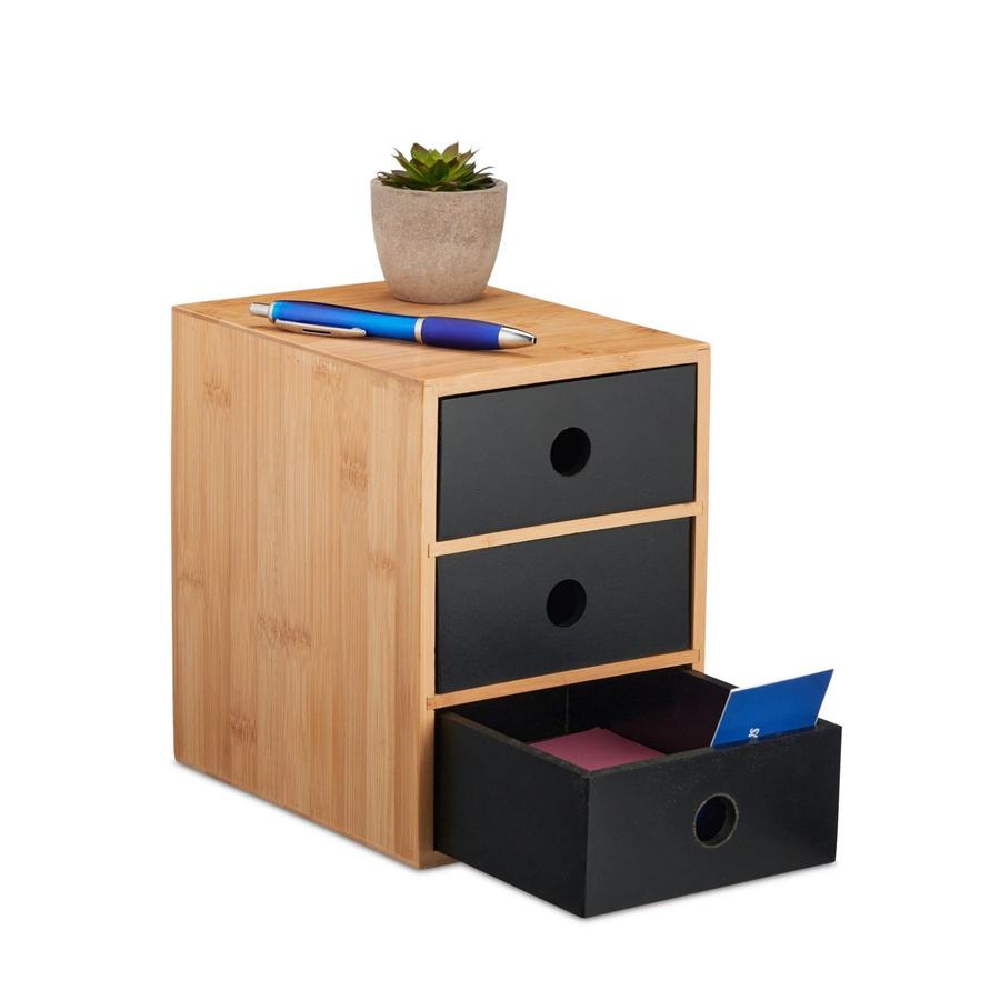 Relaxdays Schreibtisch Organizer aus Bambus mit 3 Schubladen in Schwarz, B/T/H: 21 x 15 x 20 cm - Bild 2