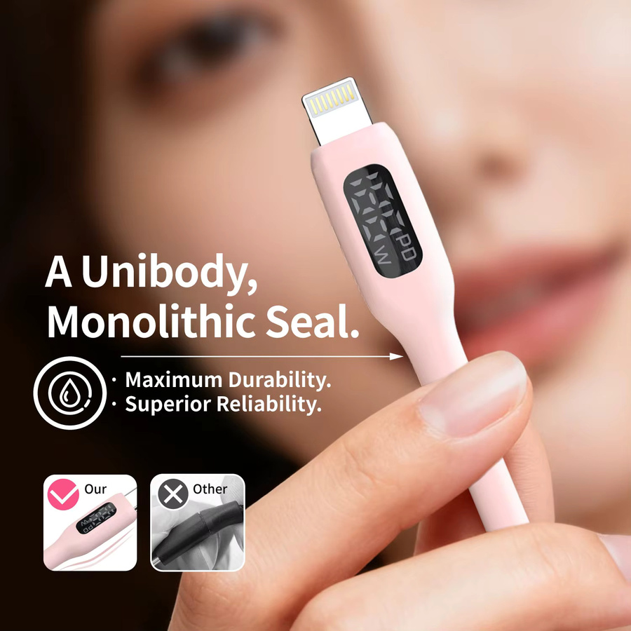 LAIHONEN MFi-zertifiziertes USB-C auf Lightning Schnellladekabel mit LED-Anzeige in Macaron-Rosa für iPhone 8-14 Pro Max, 27W - Bild 4