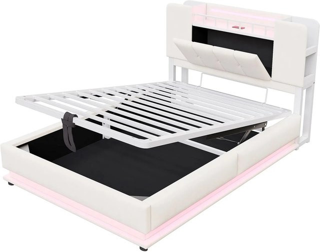 okwish Kinderbett mit LED-Beleuchtung und USB-Ladeport in Beige, B/T/H: 200 x 90 x 107 cm mit Stauraum und Lift-up-Basis - Bild 1