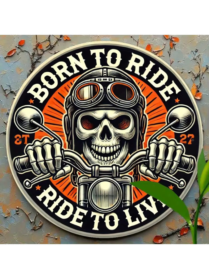 Potdemiel Vintage-Motorrad-Schädel Metallblechschild Rund, Mehrfarbig, Durchmesser: 19,81 cm - Bild 6