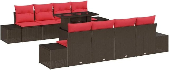 vidaXL Gartenmöbel-Set aus Poly-Rattan in U-Form mit 3-Sitzer-Sofa, Eckelement, Couchtisch und 9 Kissen in Braun und Rot - Bild 1