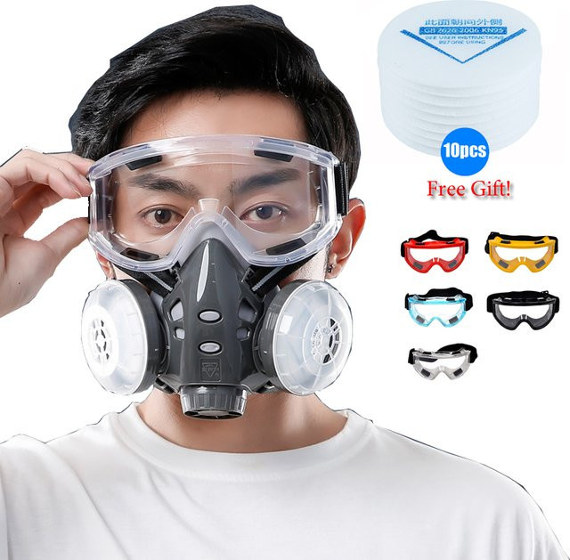 ELESESAFE Halbgesichts-Staubmaske mit Schutzbrille und 10 Filtern inklusive zwei KN95-Filtern in Clear - Bild 1