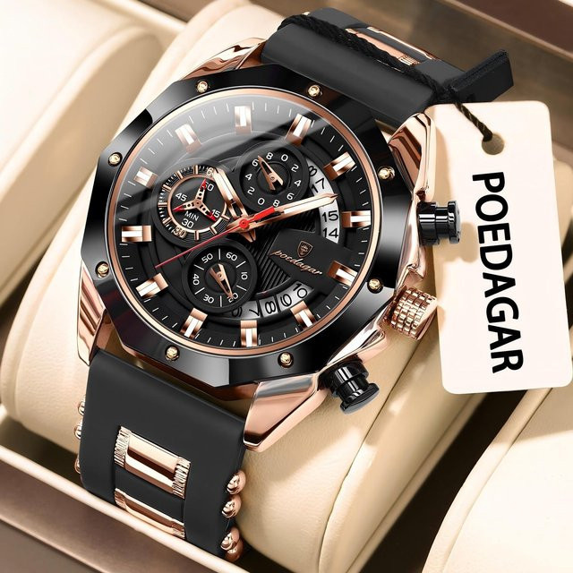 POEDAGAR Armbanduhr Chronograph, Quarz, Silikon, Schwarz, Herren - Bild 1