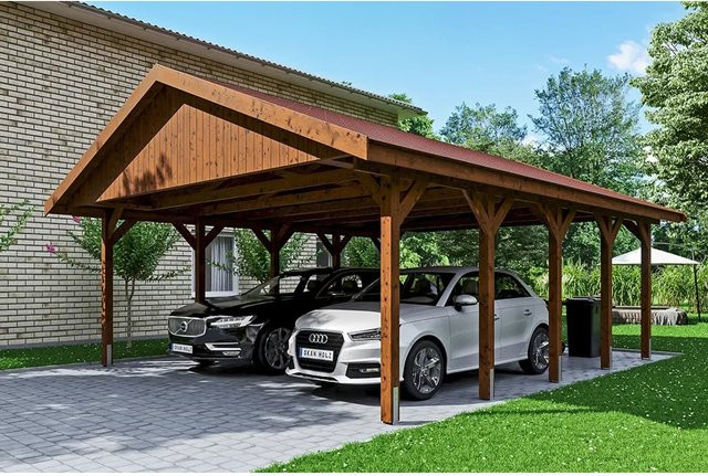 Skan Holz Carport Wallgau Satteldach aus Nadelholz in Nussbaum Braun mit Dachschindeln B: 620 cm, T: 750 cm, H: 354 cm - Bild 1