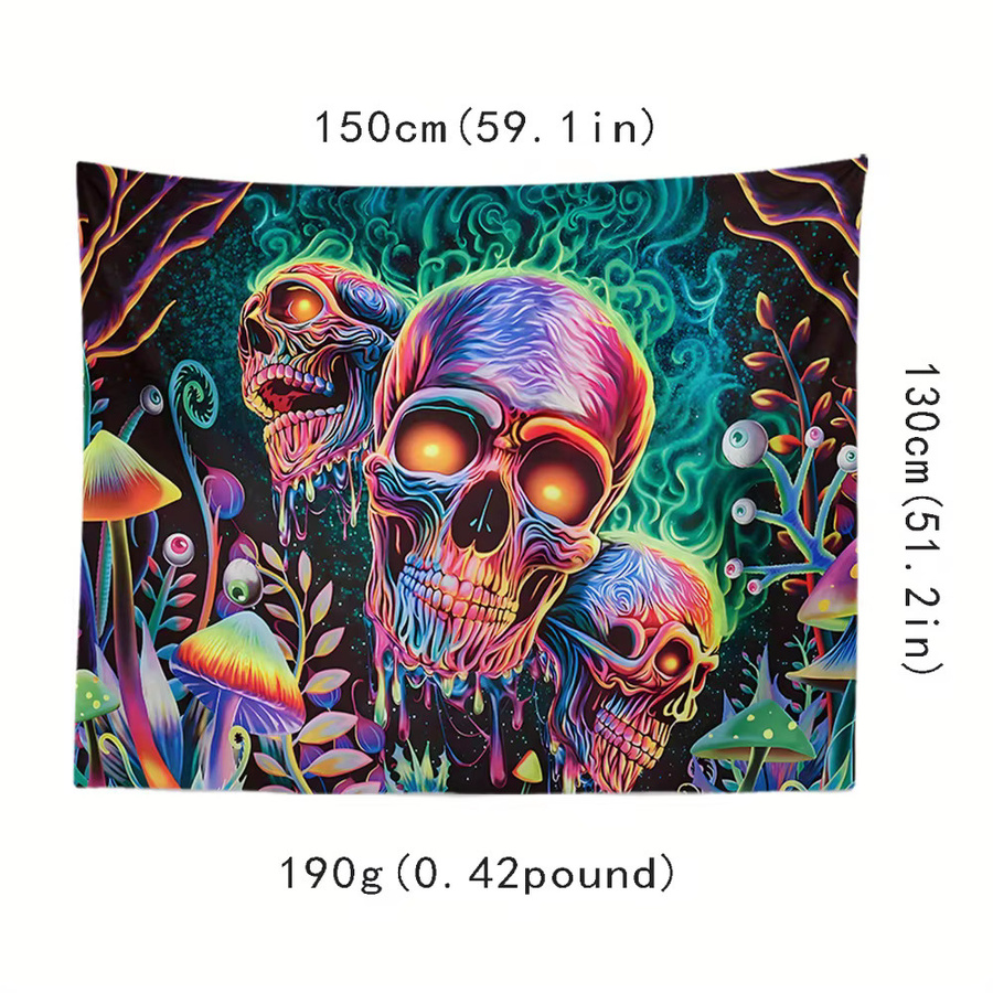VIKAMA Wandteppich mit psychedelischem Totenkopf, bunten Pilzen und floralen Mustern, Mehrfarbig, B/H: 60 x 40 cm - Bild 2