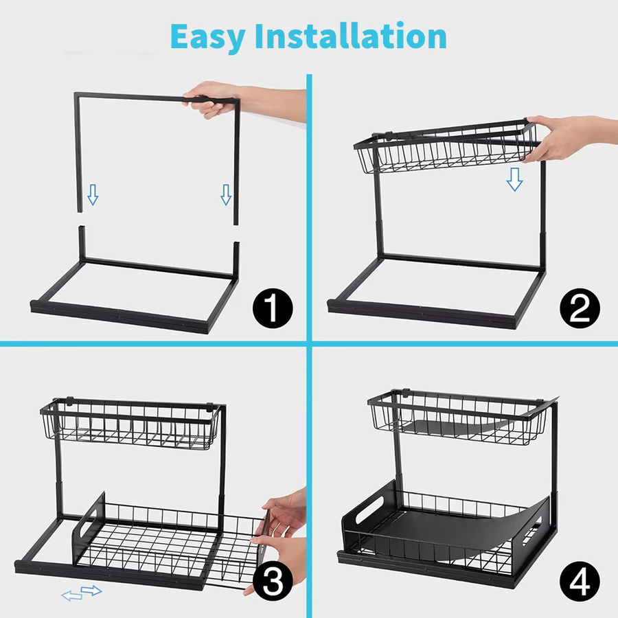 LONENESSL Ausziehbares 2-stöckiges Unterschrank-Organizer-Regal in Schwarz, Mehrzweck-Gewürzregal für Küche und Bad, Breite: 28,0 cm, Tiefe: 36,0 cm - Bild 3
