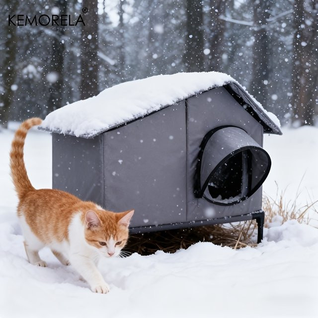 KEMORELA Winter-Katzenhaus für den Außenbereich mit Fluchttür, wetterfestes Katzenhaus in Grau für Garten und Außenbereich - Bild 1