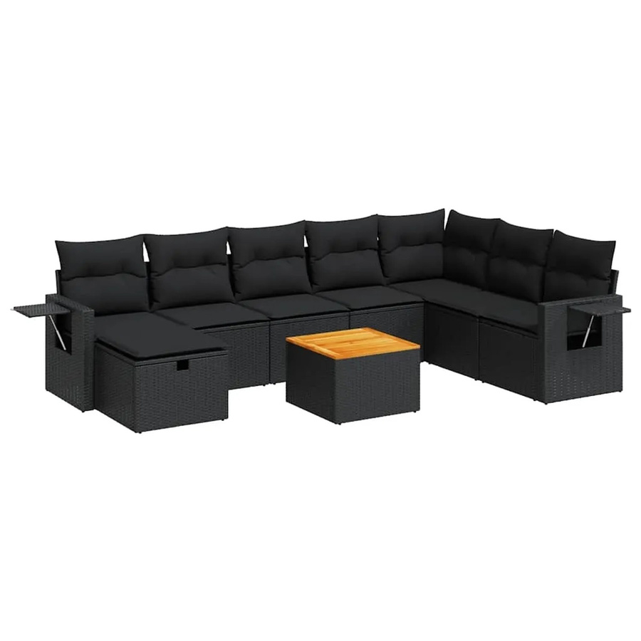 vidaXL 9-tlg. Garten-Sofagarnitur in L-Form aus schwarzem Poly-Rattan mit Kissen und Akazienholz - Bild 2