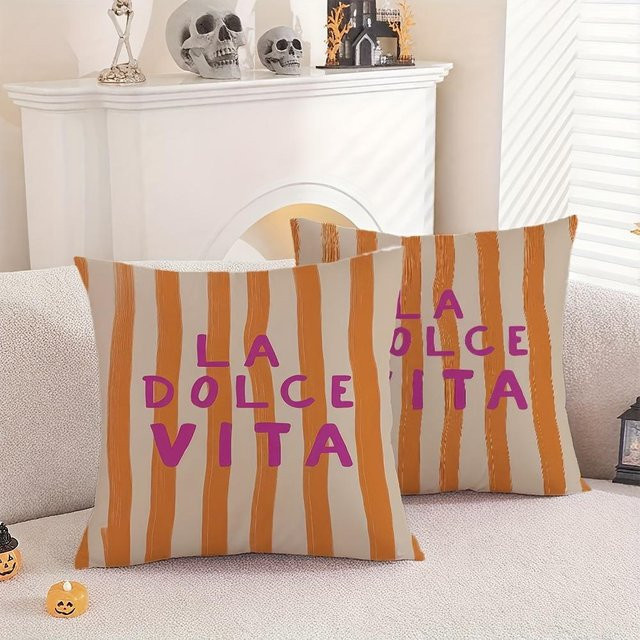2er-Set dekorative Kissenbezüge von JMG Clothing mit gestreiftem Buchstaben-Druck, quadratisch, Farben: Weiß und Orange, B/B: 45 x 45 cm - Bild 1