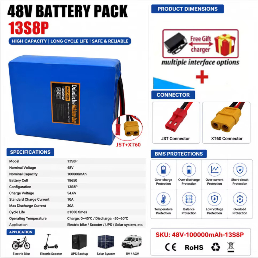 13S8P 48V 100Ah Lithium-Batterie mit 18650 Klasse A Zellen, 2000W BMS, XT60 und JST Anschlüssen, Hochkapazitäts-Akku für E-Bike und Scooter, Blau - Bild 6