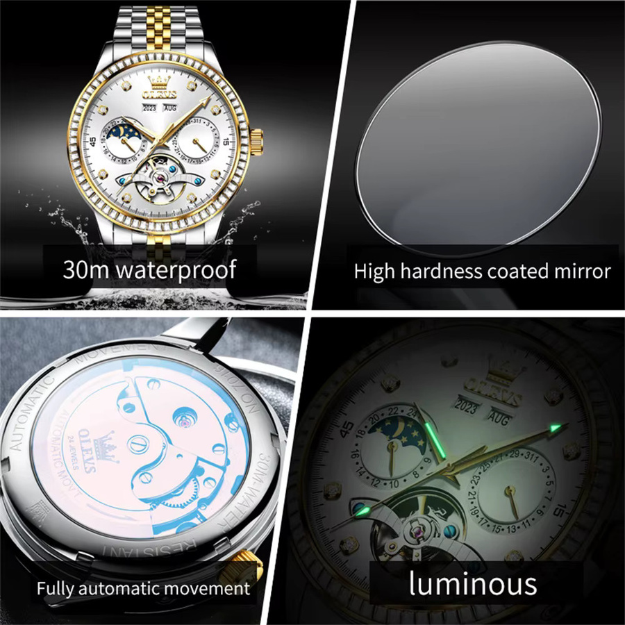 OLEVS Armbanduhr Automatik, Edelstahl, Bicolor, Diamant, Herren - Bild 6