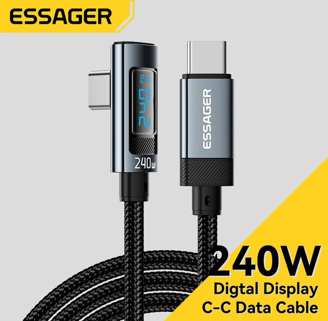 Essager 240W Typ-C-zu-Typ-C-Schnellladekabel mit 90-Grad-Winkel und Digitalanzeige für iPhone, MacBook Pro und Xiaomi, USB-C Kabel in Schwarz oder Grau - Bild 1