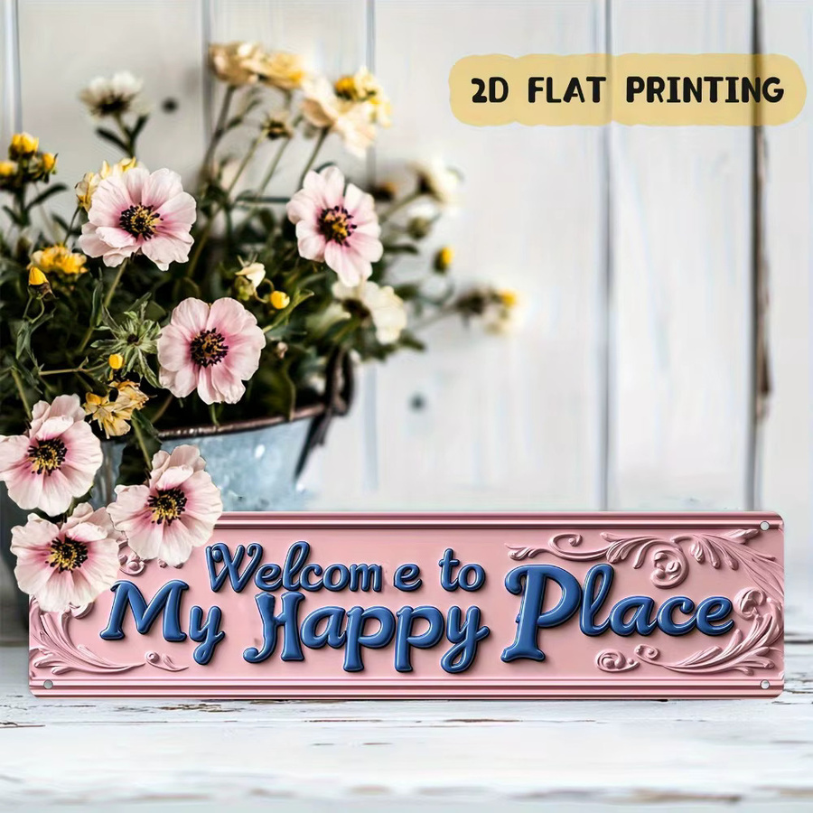 HELLOYOUNG Metallschild Welcome to My Happy Place in Pink im Vintage-Stil, Breite: 40,6 cm, Höhe: 10,2 cm - Bild 3