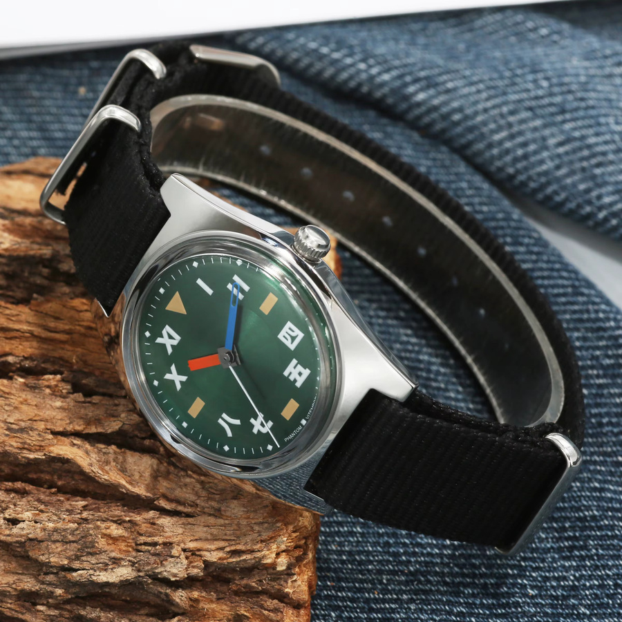 PHANTOM Armbanduhr, Handaufzug, Edelstahl, 36 mm, Textil/NATO, Grün, Unisex - Bild 3