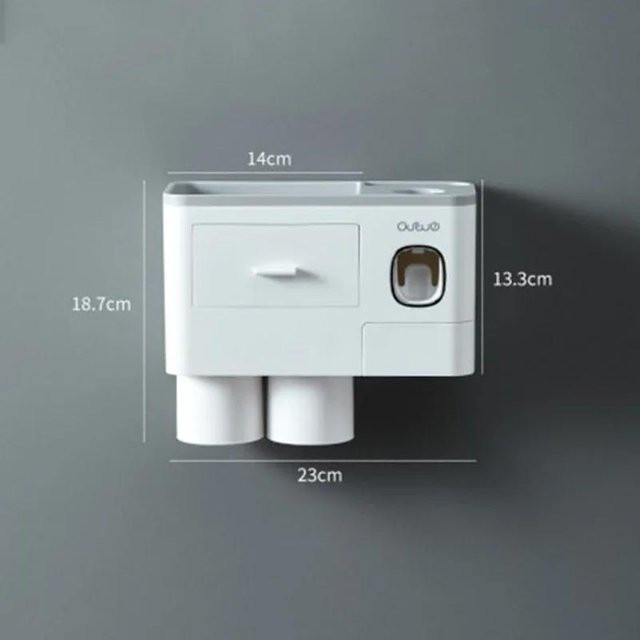 Yiran Furniture Badezimmer-Set mit automatischem Zahnpastaspender, Zahnbürstenhalter und Becher in Weiß zur Wandmontage - Bild 1