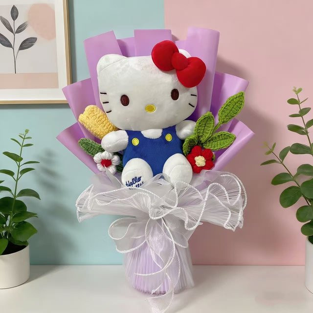 Handgefertigter Sanrio Hello Kitty Blumenstrauß mit Puppen und künstlichen Blumen - Bild 1