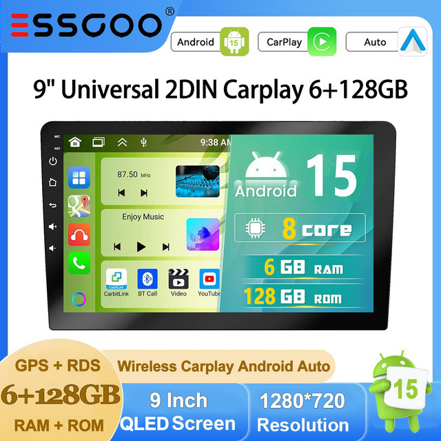 ESSGOO Android 15 Autoradio mit 9 Zoll QLED Display, 6+128GB Speicher, 8 Kern, kabelloses CarPlay, Android Auto, Bluetooth, GPS und 4G, Schwarz - Bild 1
