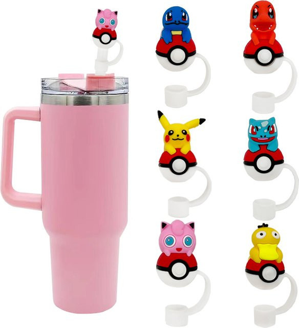 6 Stück Pokemon 3D Silikon-Strohhalmaufsätze in Multicolour für 10mm Strohhalme und Glasbecher passend für 30 & 40 Unzen Becher mit Henkel staubdicht und wiederverwendbar von Potdemiel - Bild 1