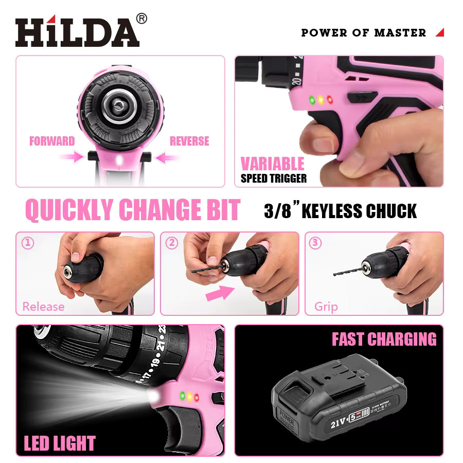 HILDA 21V Akkubohrschrauber Set in Pink inklusive Akku und Ladegerät für Holzarbeiten und Haushalt - Bild 2