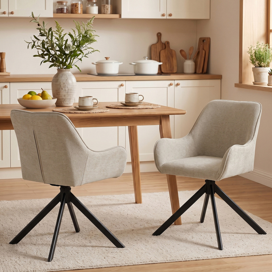 HOMCOM 2er-Set Esszimmerstühle mit Armlehnen, drehbare Polsterstühle in Chenille-Optik mit Metallrahmen, Beige - Bild 2