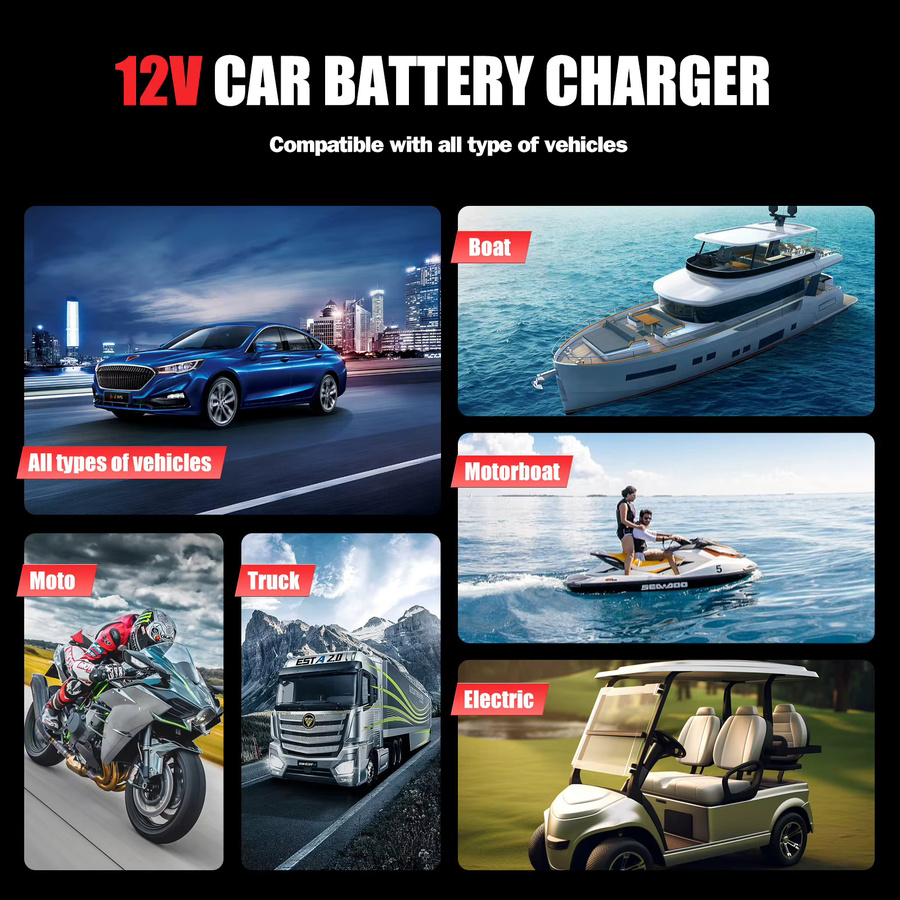 Podofo Intelligentes Auto- und Motorrad-Batterieladegerät in Rot mit 7-Stufen-Ladung, Pulsreparatur und Wartungsfunktion für 6-180Ah AGM Batterien - Bild 3