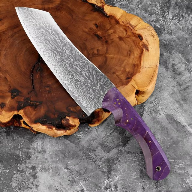 Xituo Santoku-Messer aus geschmiedetem Damaszener Stahl mit lila Holzgriff, 17,78 cm - Bild 1