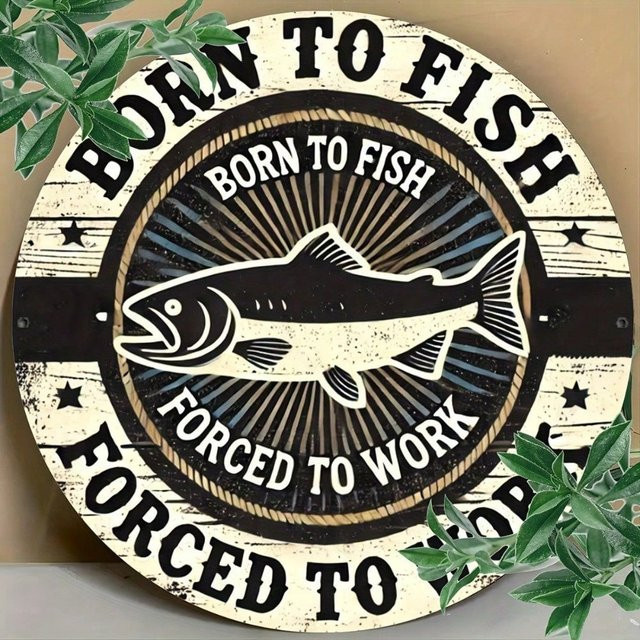 CIFBUY Born To Fish Forced To Work Retro-Wandschild aus Metall in Rund, Vintage Design, Durchmesser: 20,3 cm, Mehrfarbig - Bild 1