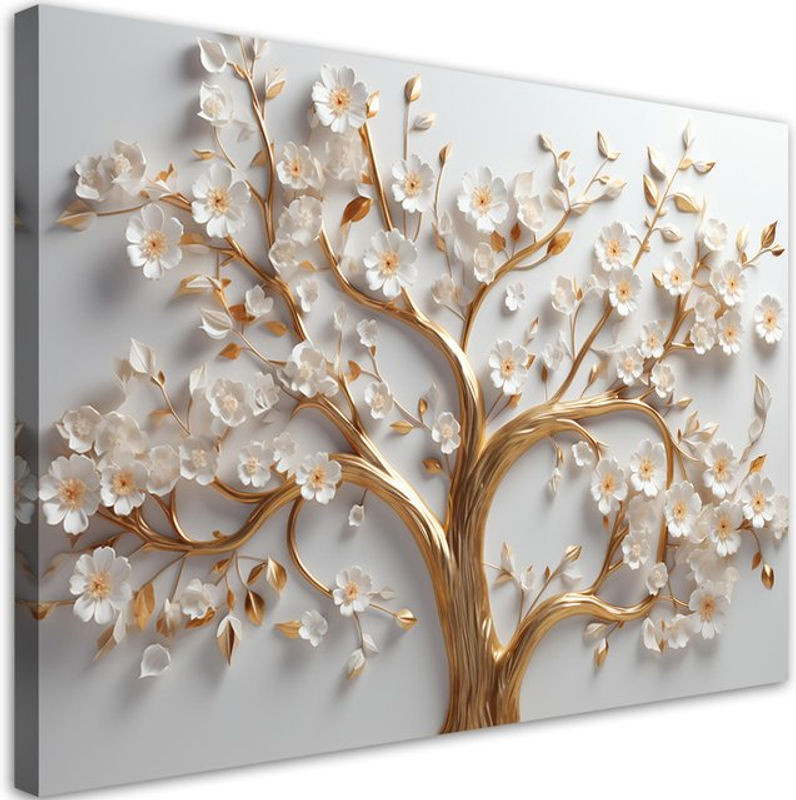 Feeby Leinwandbild 3D Blühender goldener Glamourbaum Floral in Weiß und Gold, B: 60 cm, H: 40 cm - Bild 1