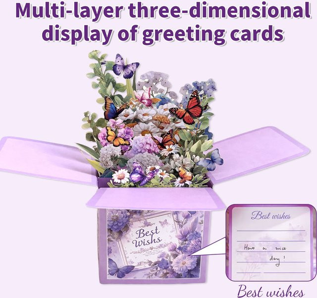 Dreidimensionale Grußkarte mit lila Blumenstrauß als Desktop-Dekoration und Geschenk zum Abschluss - Bild 1