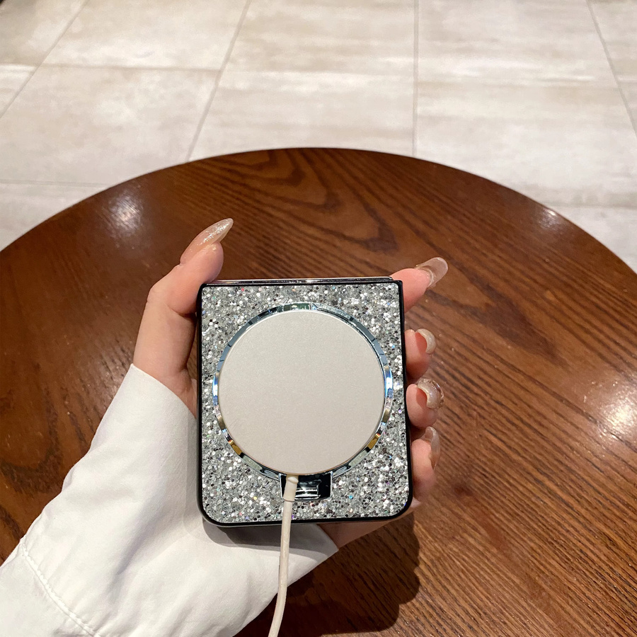Luxuriöse Glitzer-Kunstleder-Handyhülle für Samsung Galaxy Z Flip 7 6 5 4 3 mit Make-up-Spiegel und Handyhalterung in Weiß und Silber - Bild 3
