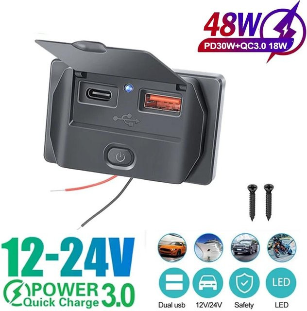 YJMP Auto Parts USB-C Handy-Ladesteckdosen-Panel mit Schalter, PD+QC3.0 Schnellladung und Dual-USB-Ausgang, Schwarz, für Auto LKW Marine, 12V 24V - Bild 1