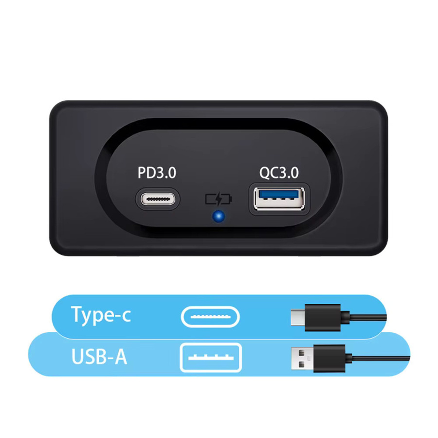 Dual USB Ladegerät Steckdose mit PD3.0 Typ-C Port und LED-Licht, 12/24V Schnellladepanel mit Wandhalterung, Schwarz - Bild 2