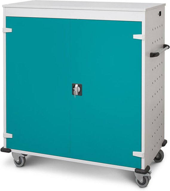 rotstahl Laptopwagen mit 30 Fächern in Türkis und lichtgrauem Korpus, B: 92 cm, H: 131 cm - Bild 1