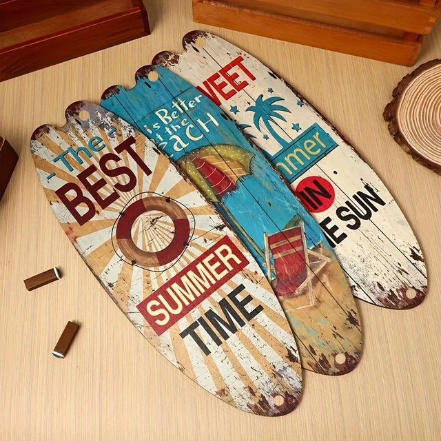 DDPNKL 3-teiliges Metall-Wanddekorations-Set im Vintage-Stil mit Surfbrett, Palmen und Sommer-Motiven, Mehrfarbig - Bild 1
