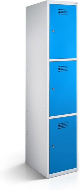 rotstahl Fächerschrank mit 3 Fächern und Schwenktüren, Korpus lichtgrau und Front blau, B/T/H: 40 x 50 x 180 cm - Bild 1