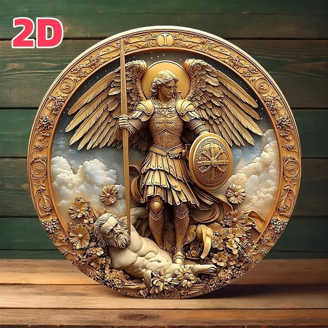 HELLOYOUNG Retro 2D-Wandschild Goldener Erzengel St. Michael mit Schwert über Teufel, rund, Durchmesser: 20 cm - Bild 1
